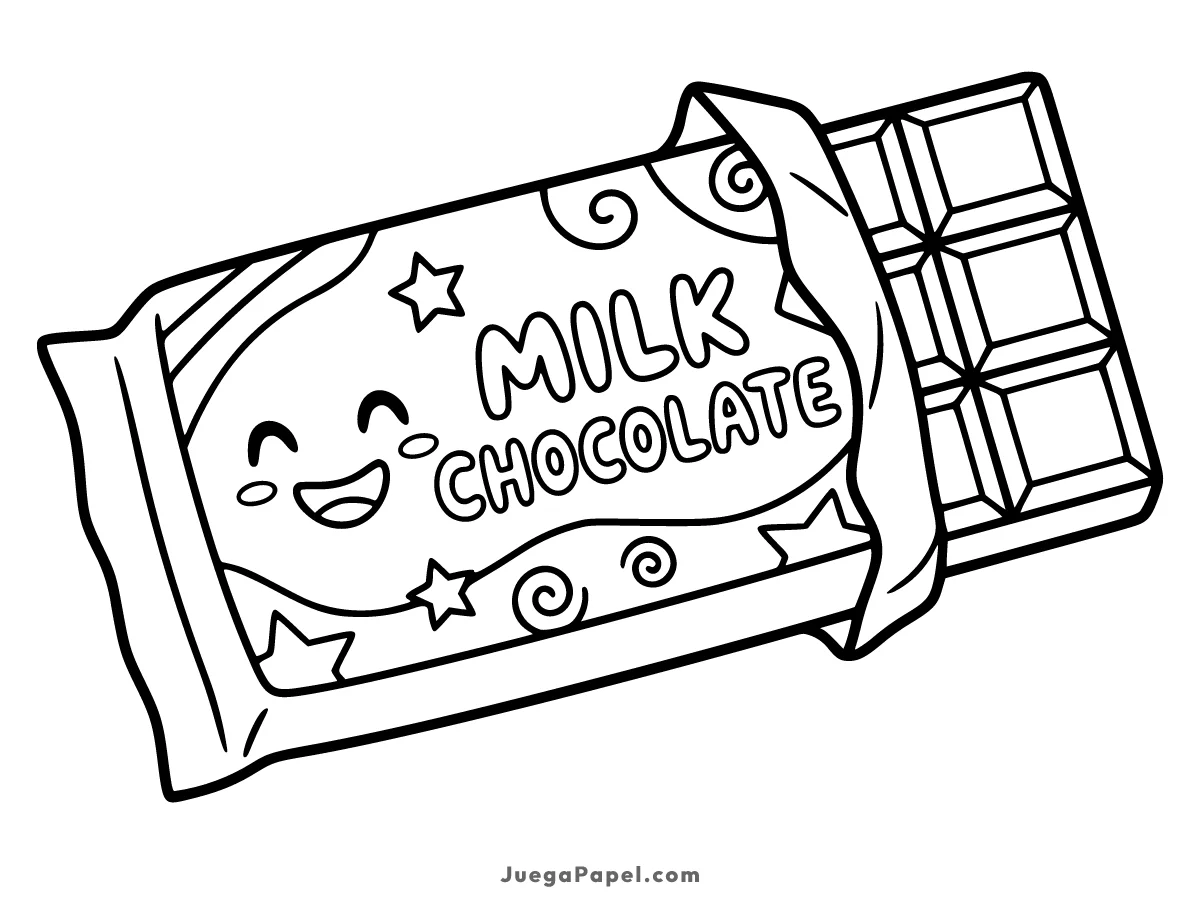 Dibujo para colorear e imprimir de Barra de Chocolate Kawaii con Envoltorio