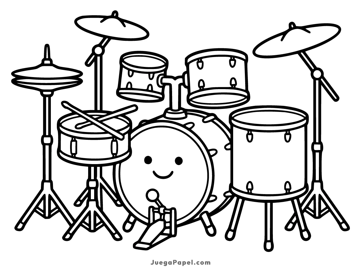 Dibujo para colorear e imprimir de Batería Musical Kawaii con Platillos y Tambores