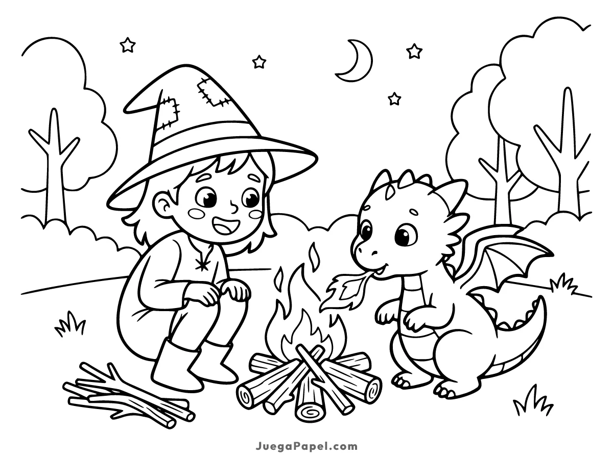 Dibujo para colorear e imprimir de Bebé dragón ayudando a una pequeña bruja a encender una fogata