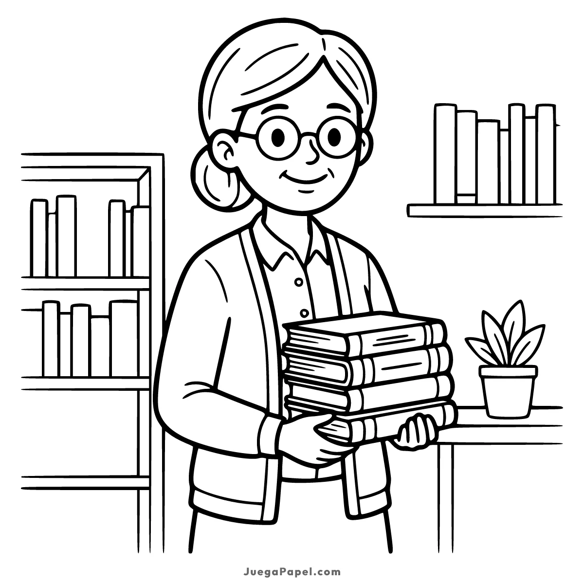 Dibujo para colorear e imprimir de Bibliotecaria Sonriente con Libros