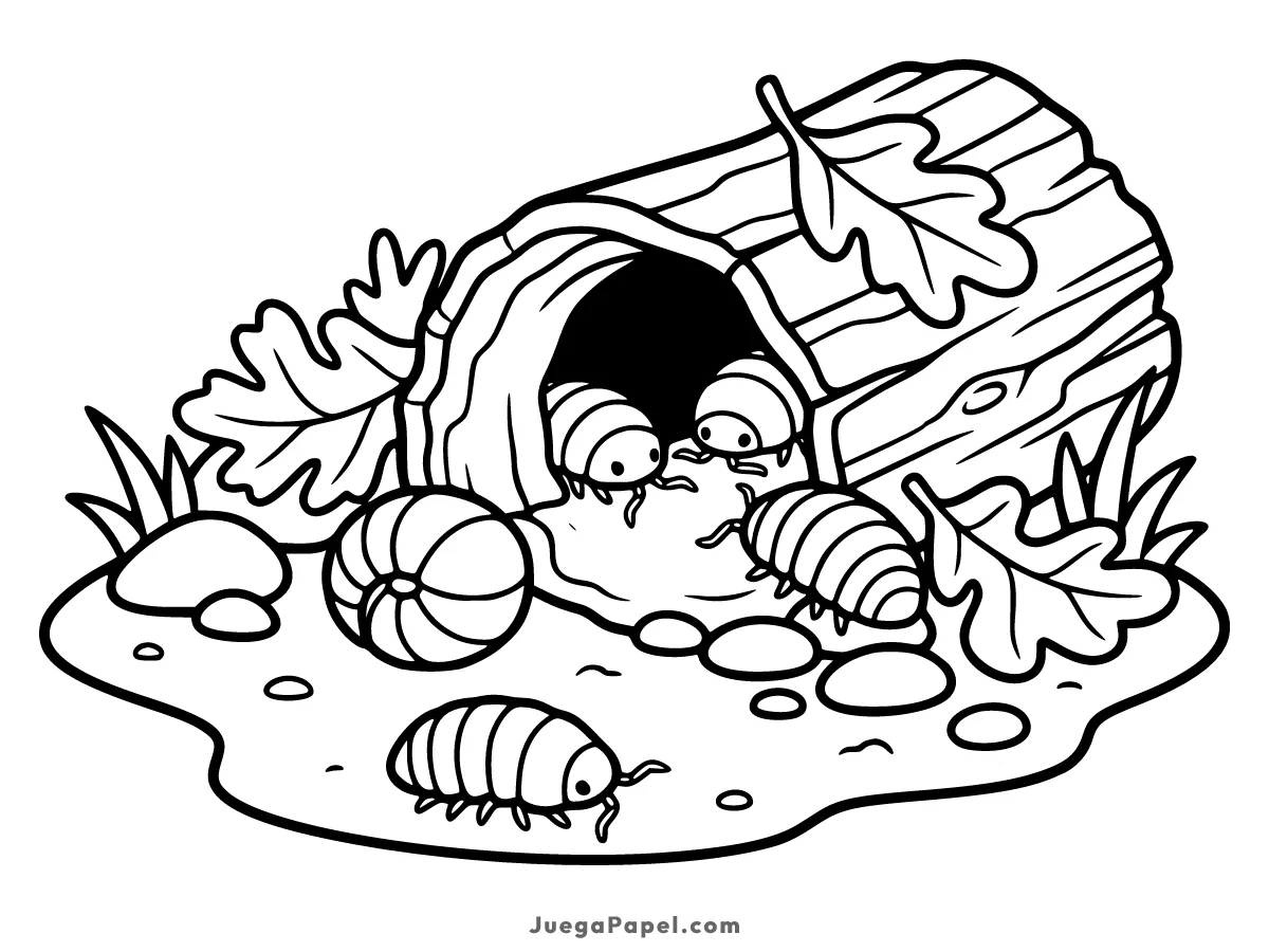Dibujo para colorear e imprimir de Bicho Bola explorando un tronco en el bosque