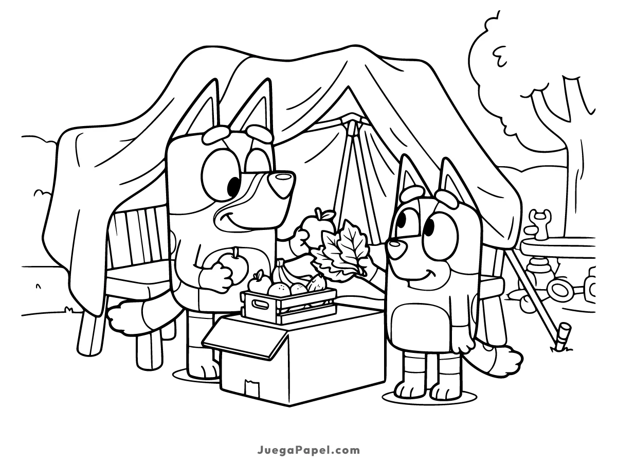 Dibujo para colorear e imprimir de Bluey con Bingo Jugando a la Tienda de Frutas