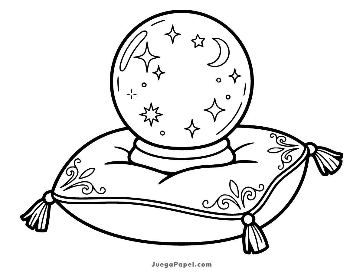 Dibujo para colorear e imprimir de Bola de Cristal Mágica sobre Cojín con Estrellas