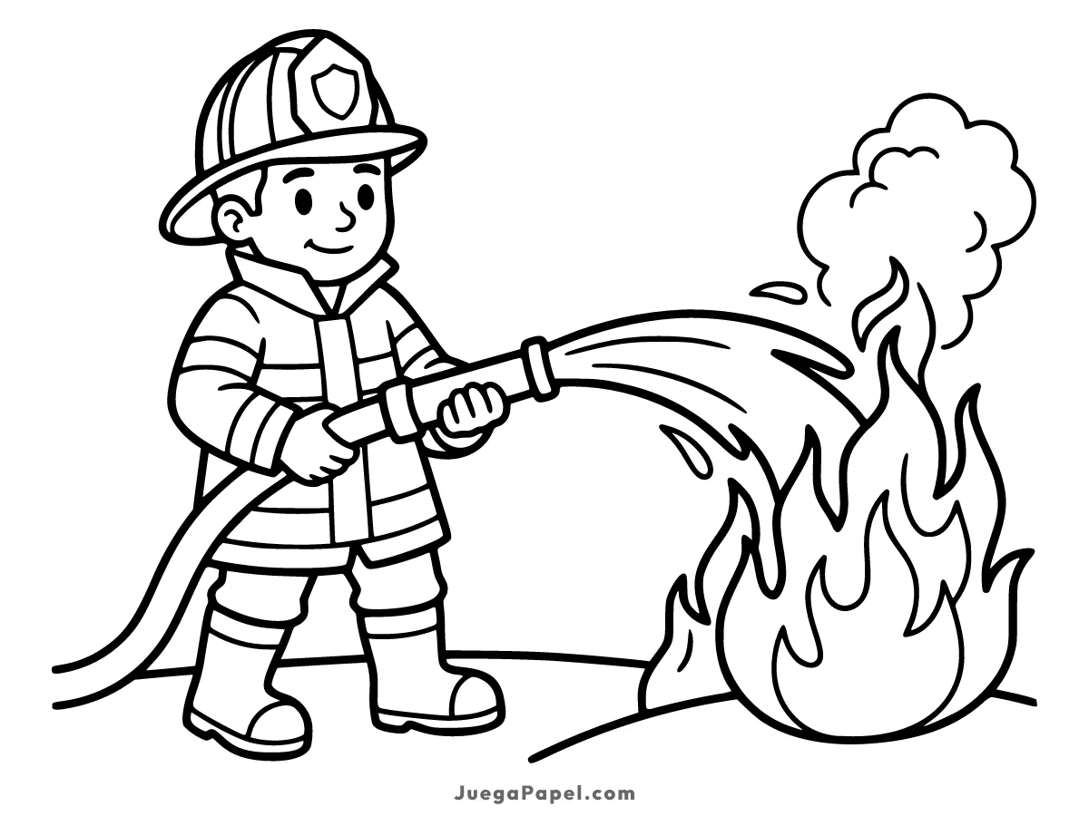 Dibujo para colorear e imprimir de Bombero Apagando Fuego