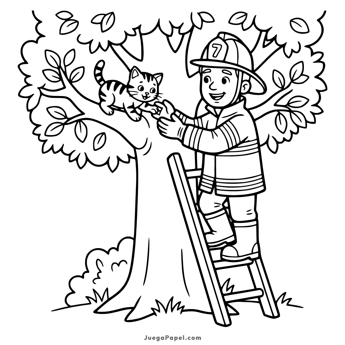 Dibujo para colorear e imprimir de Bombero Rescatando a un Gatito en el Árbol