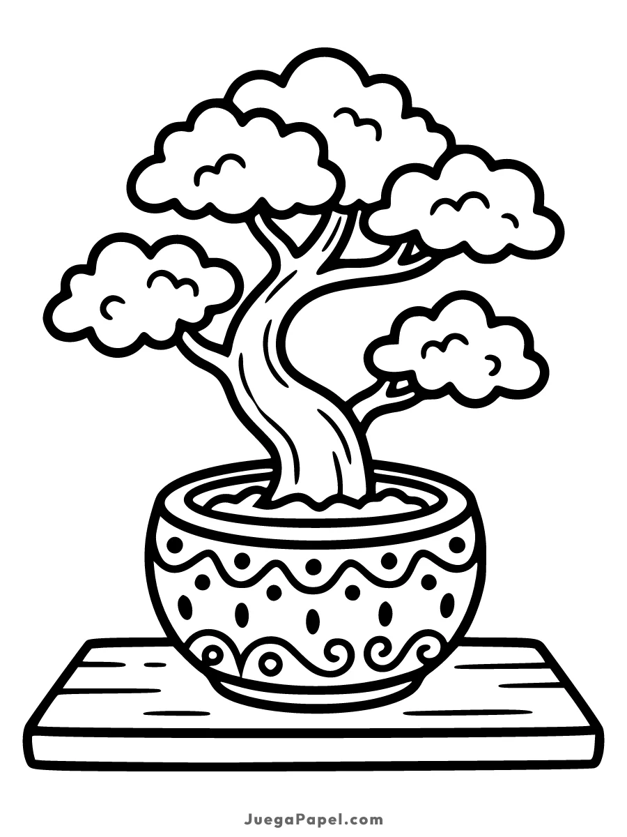 Dibujo para colorear e imprimir de Bonsái en Maceta Decorada