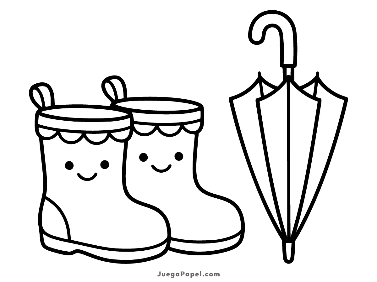 Dibujo para colorear e imprimir de Botas de Lluvia y Paraguas Kawaii