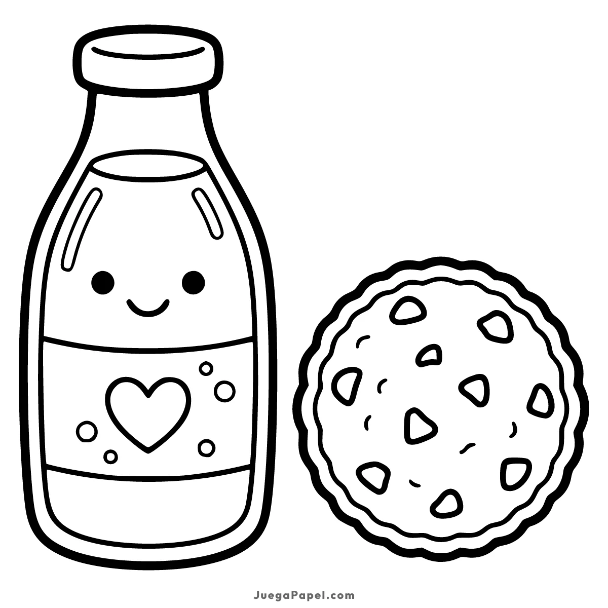 Dibujo para colorear e imprimir de Botella de Leche con Galleta Kawaii para Colorear