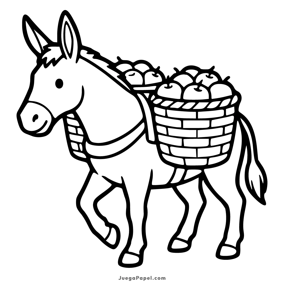 Dibujo para colorear e imprimir de Burro Amigable Cargando Cestas de Manzanas
