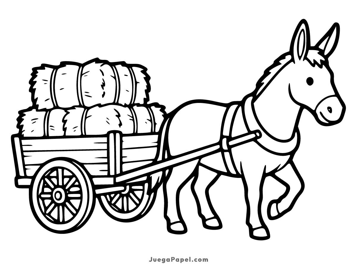 Dibujo para colorear e imprimir de Burro de Granja Tirando de un Carro con Heno