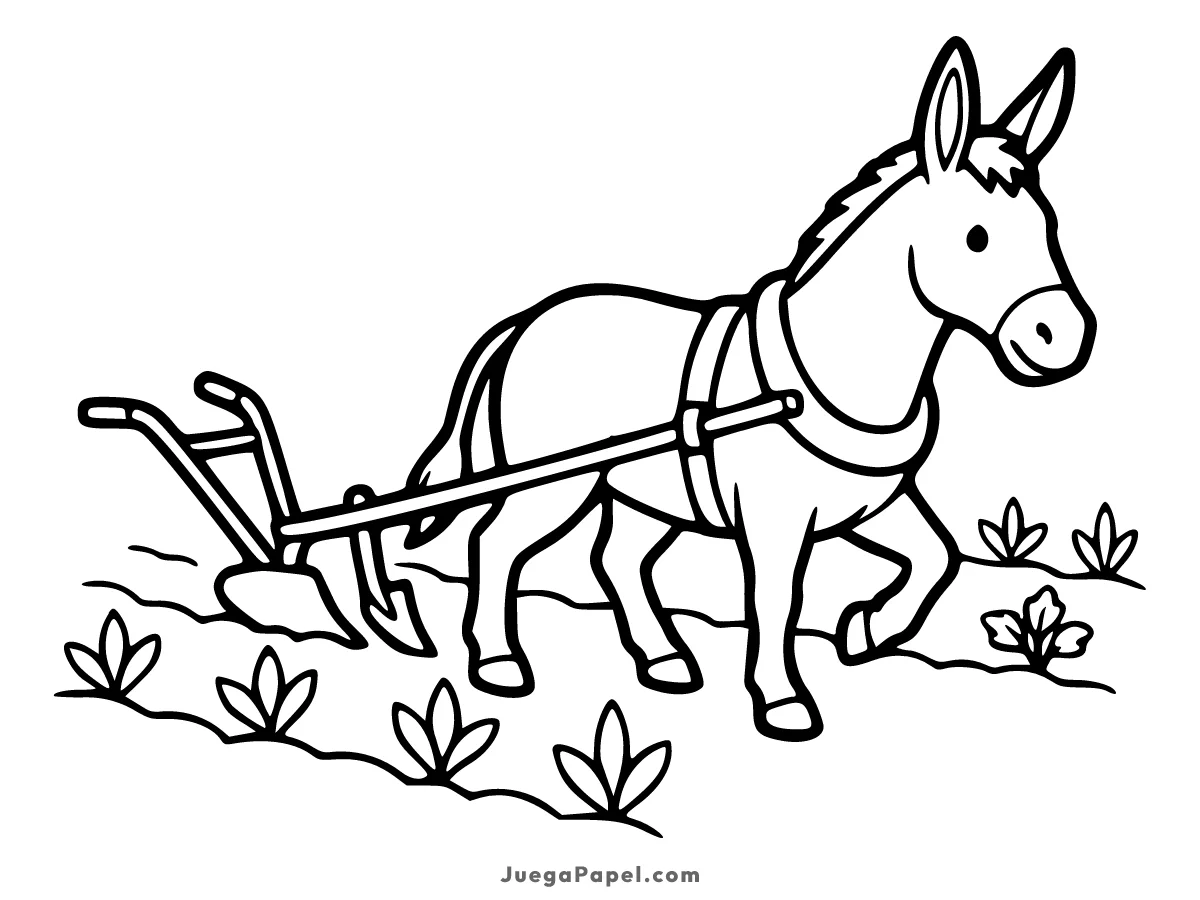 Dibujo para colorear e imprimir de Burro de Granja Trabajando con Arado