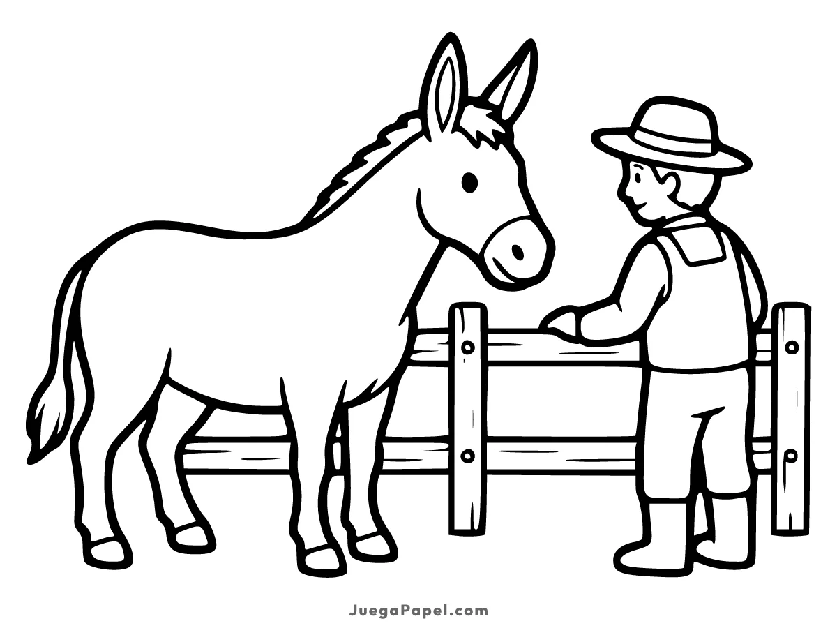 Dibujo para colorear e imprimir de Burro y Granjero en la Granja