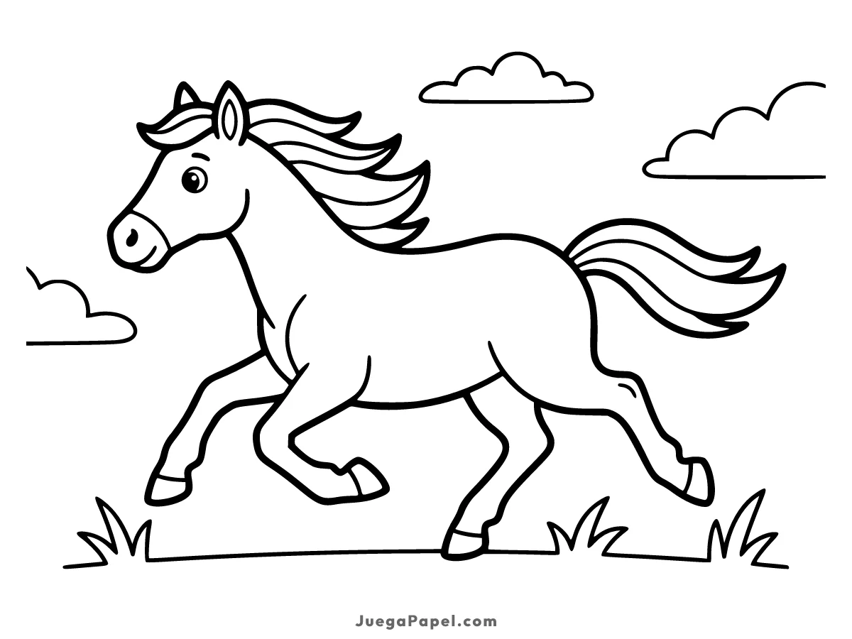 Dibujo para colorear e imprimir de Caballo Alegre Corriendo en el Prado