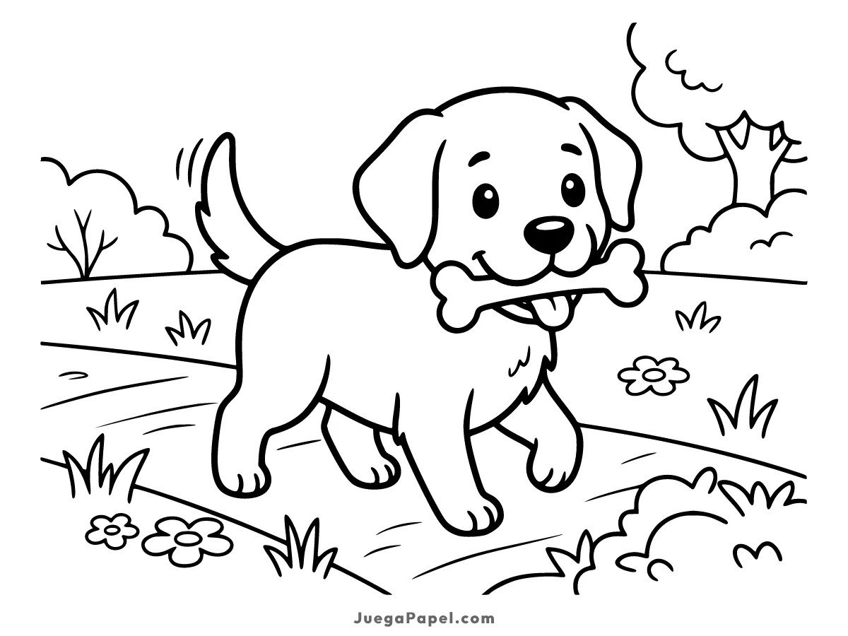Dibujo para colorear e imprimir de Cachorro Alegre con Hueso en el Parque