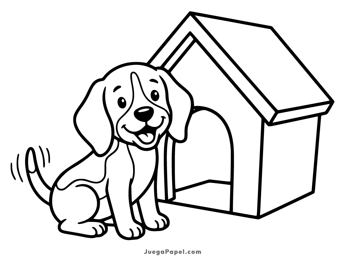 Dibujo para colorear e imprimir de Cachorro Alegre junto a su Casita