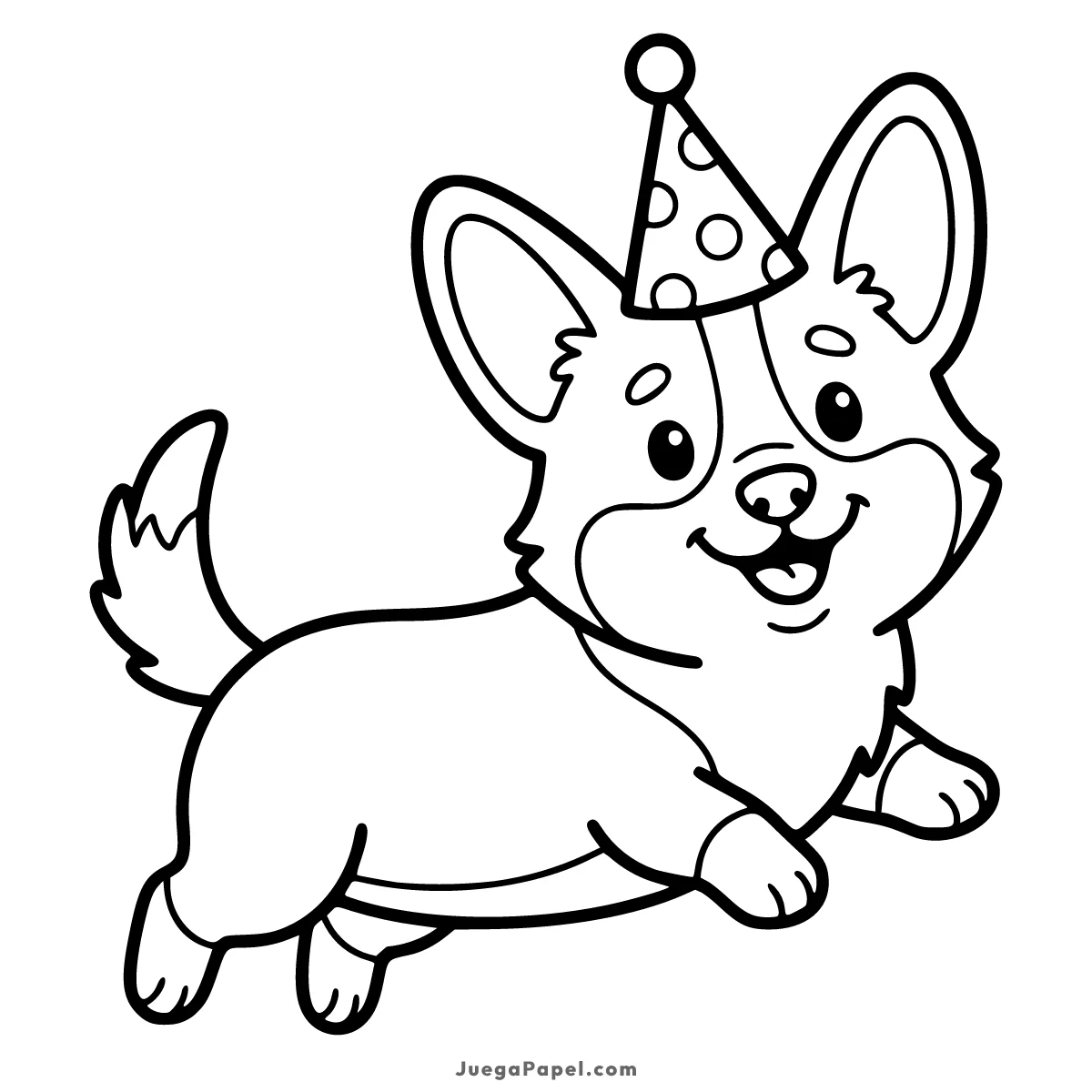 Dibujo para colorear e imprimir de Cachorro Corgi de Fiesta con Gorrito de Cumpleaños