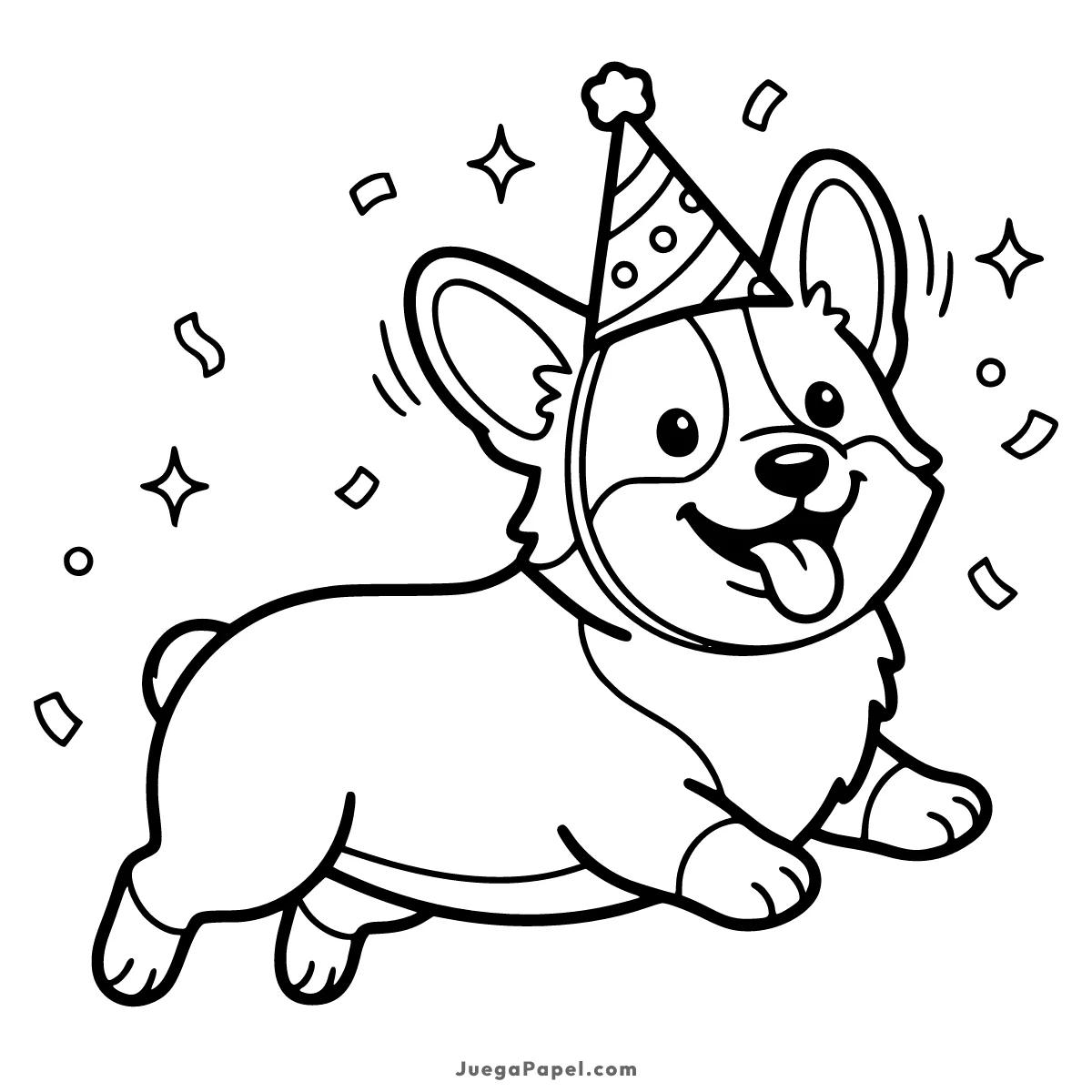 Dibujo para colorear e imprimir de Cachorro Corgi de Fiesta con Gorrito