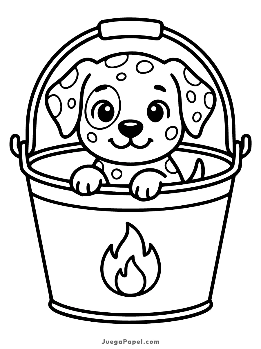 Dibujo para colorear e imprimir de Cachorro dálmata dentro de un cubo de bomberos