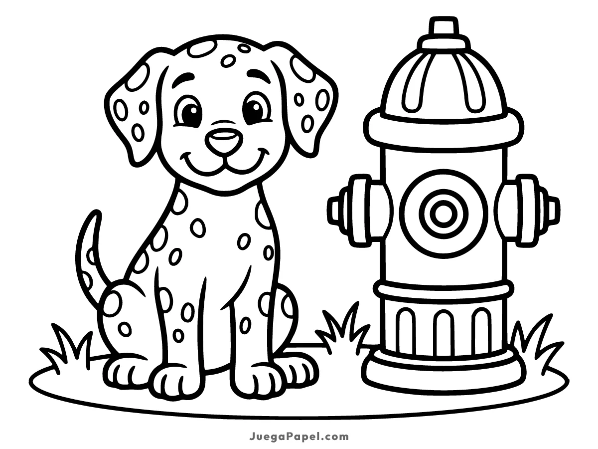 Dibujo para colorear e imprimir de Cachorro dálmata junto a una boca de incendios