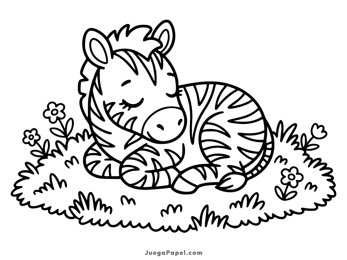 Dibujo para colorear e imprimir de Cachorro de Cebra Durmiendo en el Pasto