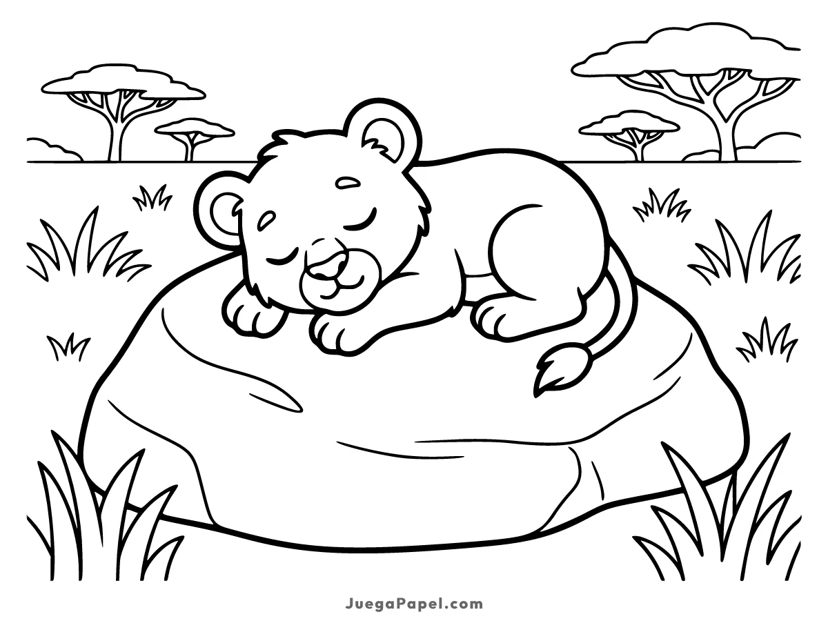 Dibujo para colorear e imprimir de Cachorro de León Durmiendo en una Roca en la Sabana