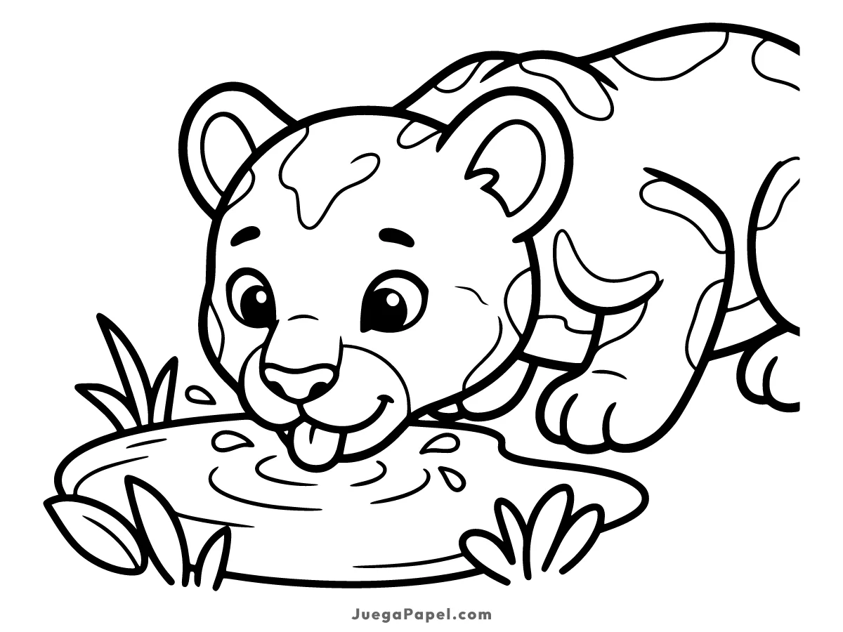 Dibujo para colorear e imprimir de Cachorro de Leopardo Bebiendo Agua