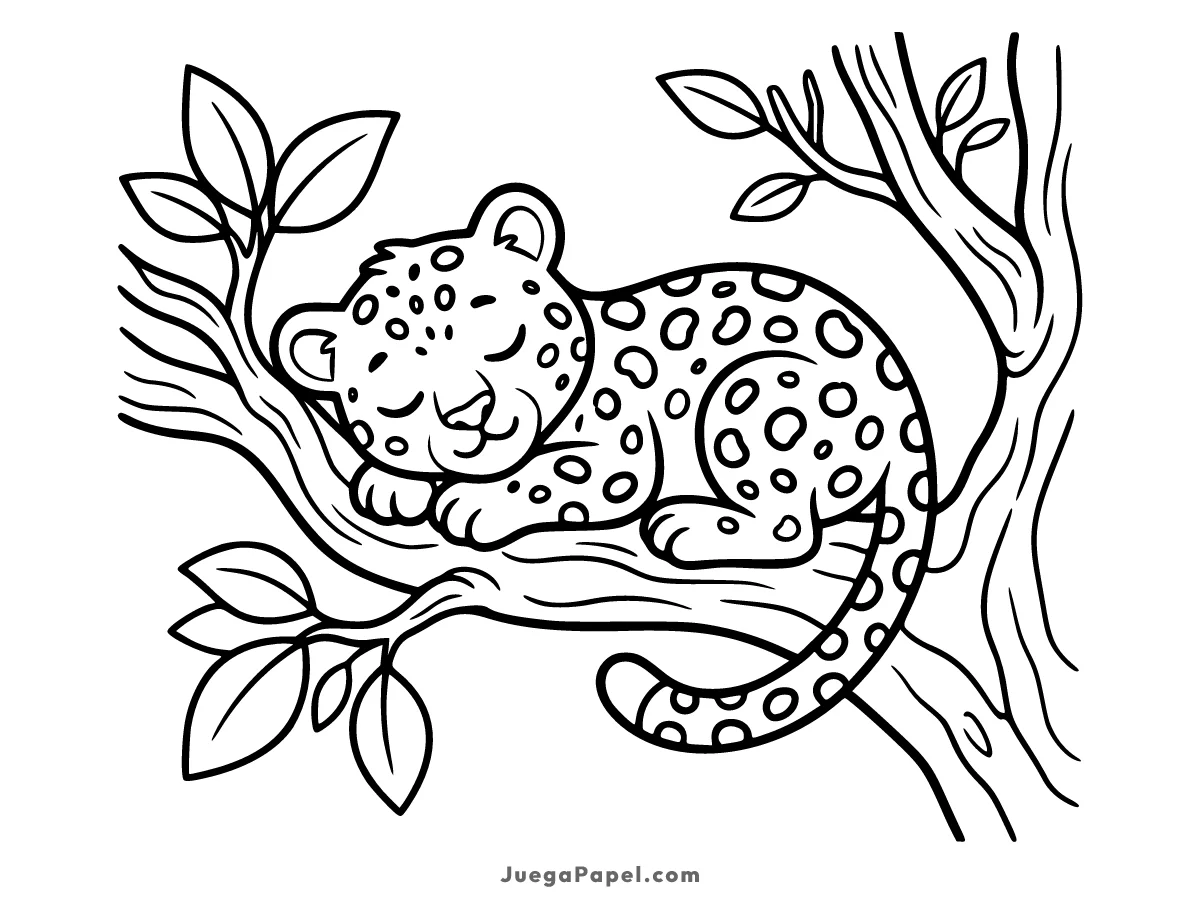 Dibujo para colorear e imprimir de Cachorro de Leopardo Durmiendo en un Árbol