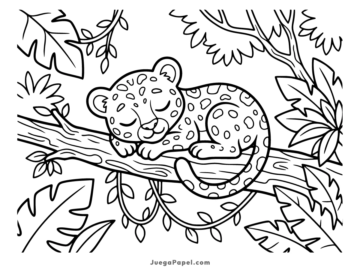Dibujo para colorear e imprimir de Cachorro de Leopardo Durmiendo en una Rama
