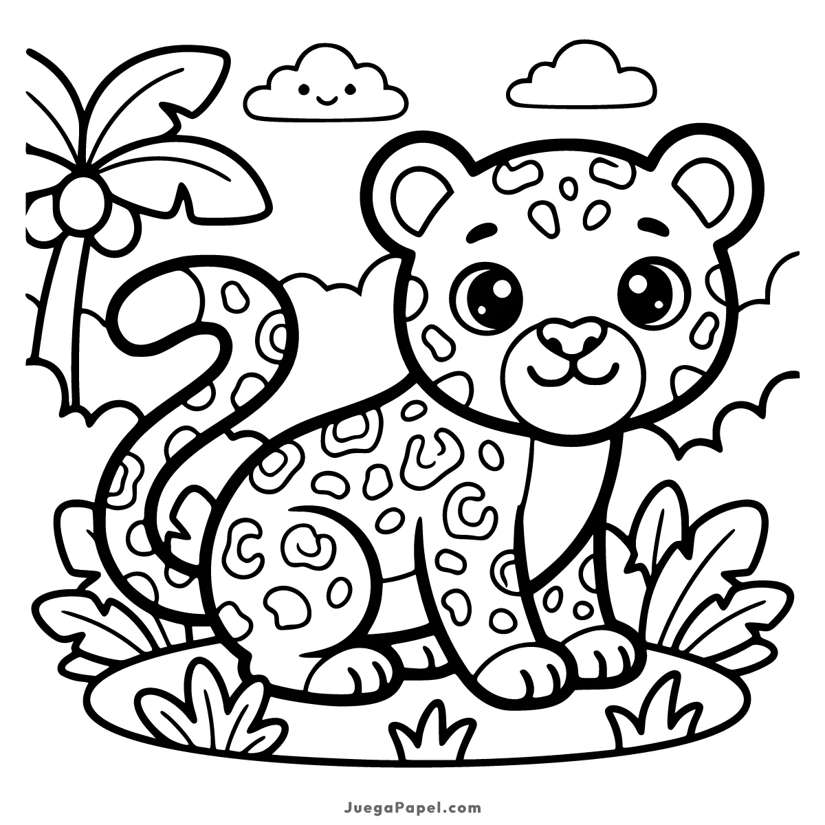 Dibujo para colorear e imprimir de Cachorro de Leopardo Feliz en la Selva