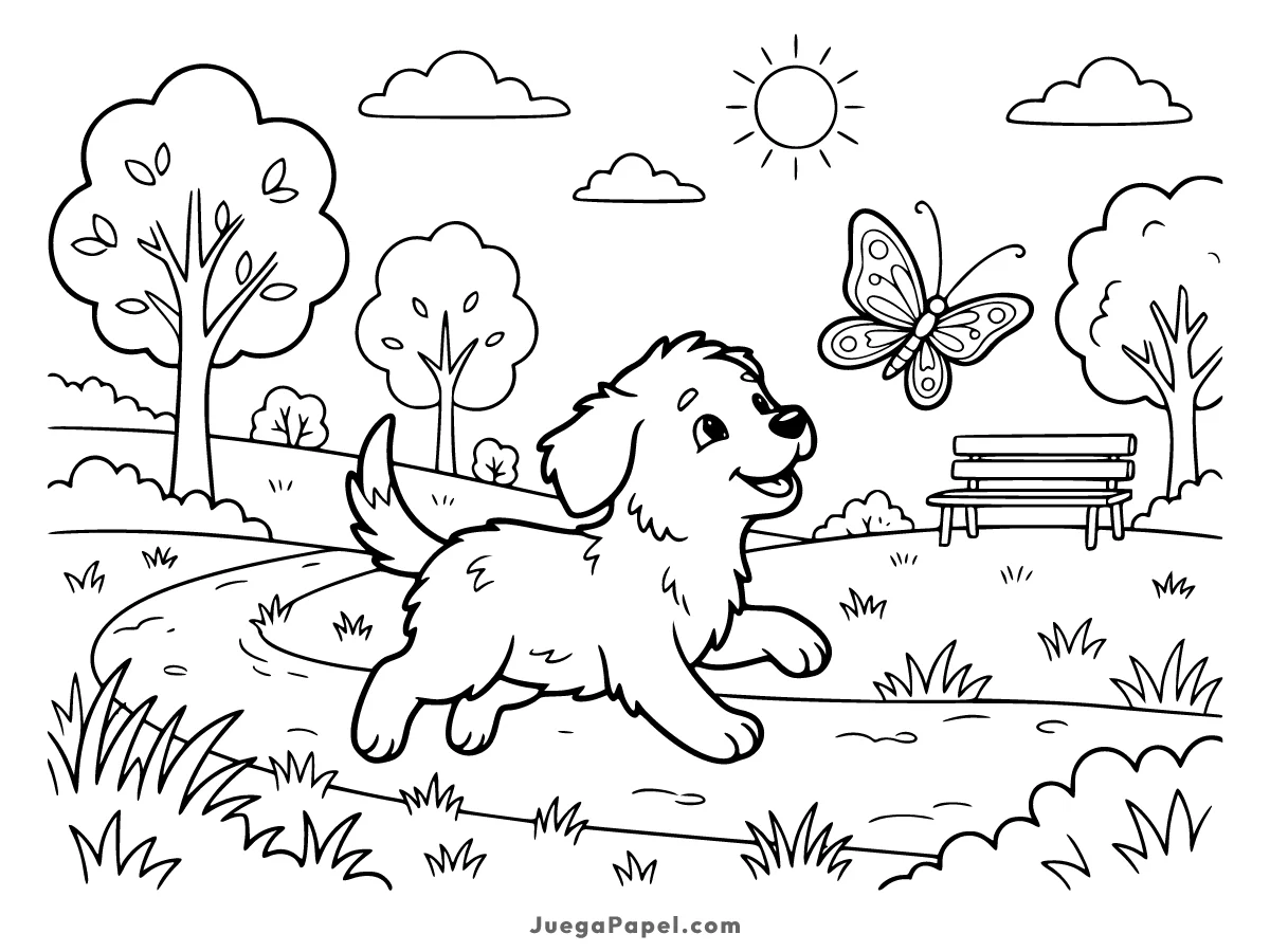Dibujo para colorear e imprimir de Cachorro Jugando en el Parque con una Mariposa