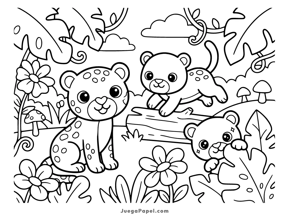 Dibujo para colorear e imprimir de Cachorros de Leopardo Jugando en la Selva