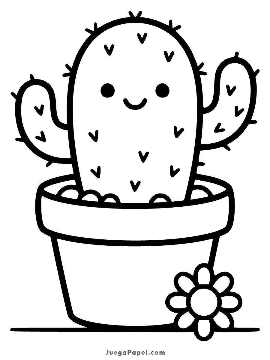 Dibujo para colorear e imprimir de Cactus Kawaii en Maceta con Flor