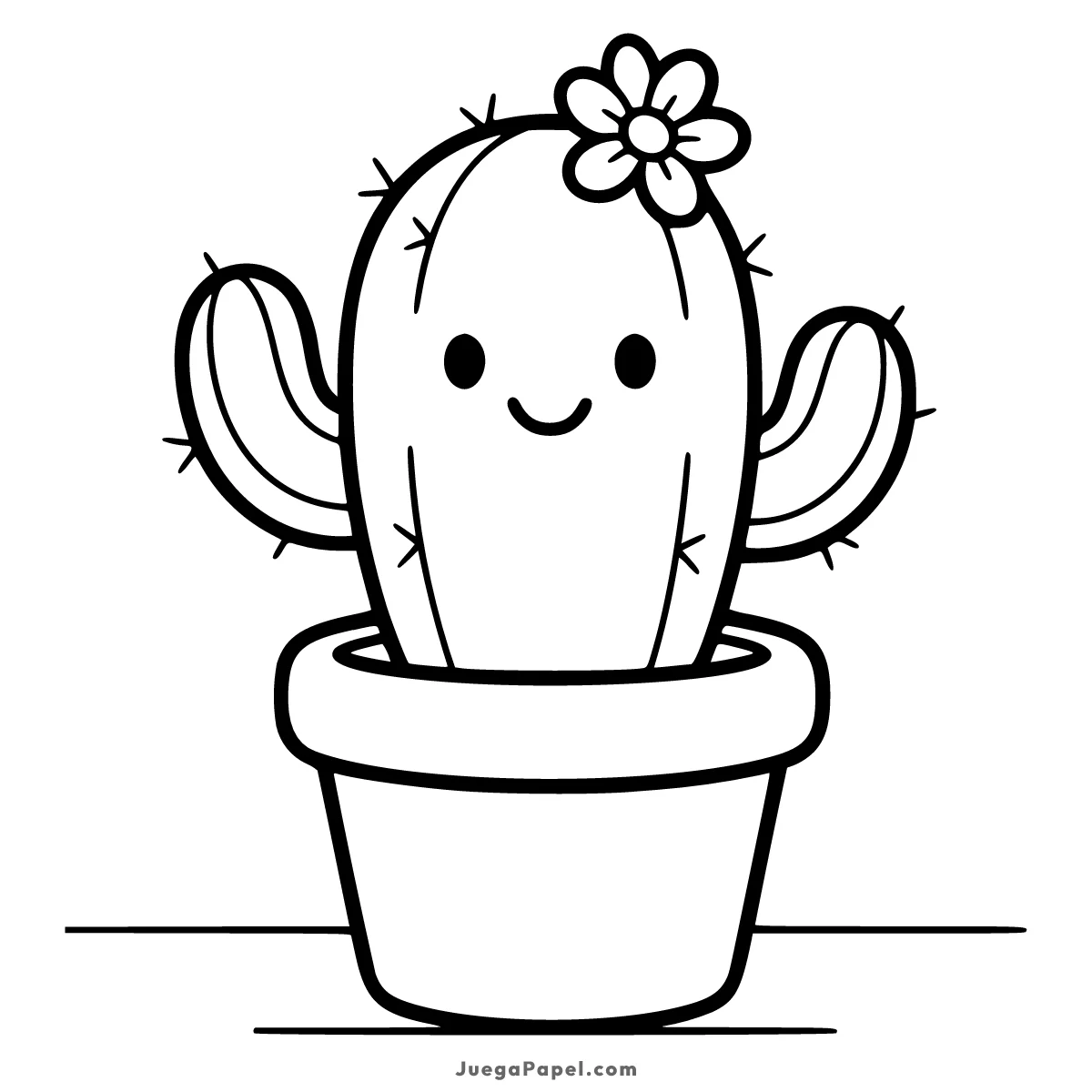 Dibujo para colorear e imprimir de Cactus Kawaii en Maceta con Flor