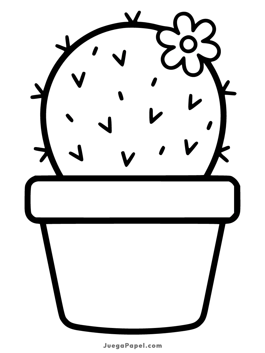 Dibujo para colorear e imprimir de Cactus Redondo en Maceta con Flor