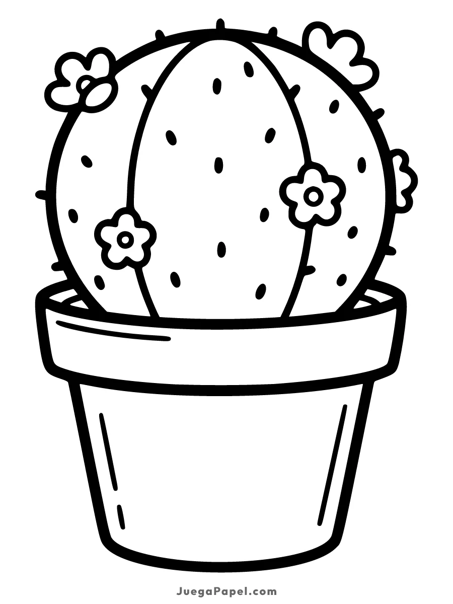 Dibujo para colorear e imprimir de Cactus Redondo en Maceta con Flores
