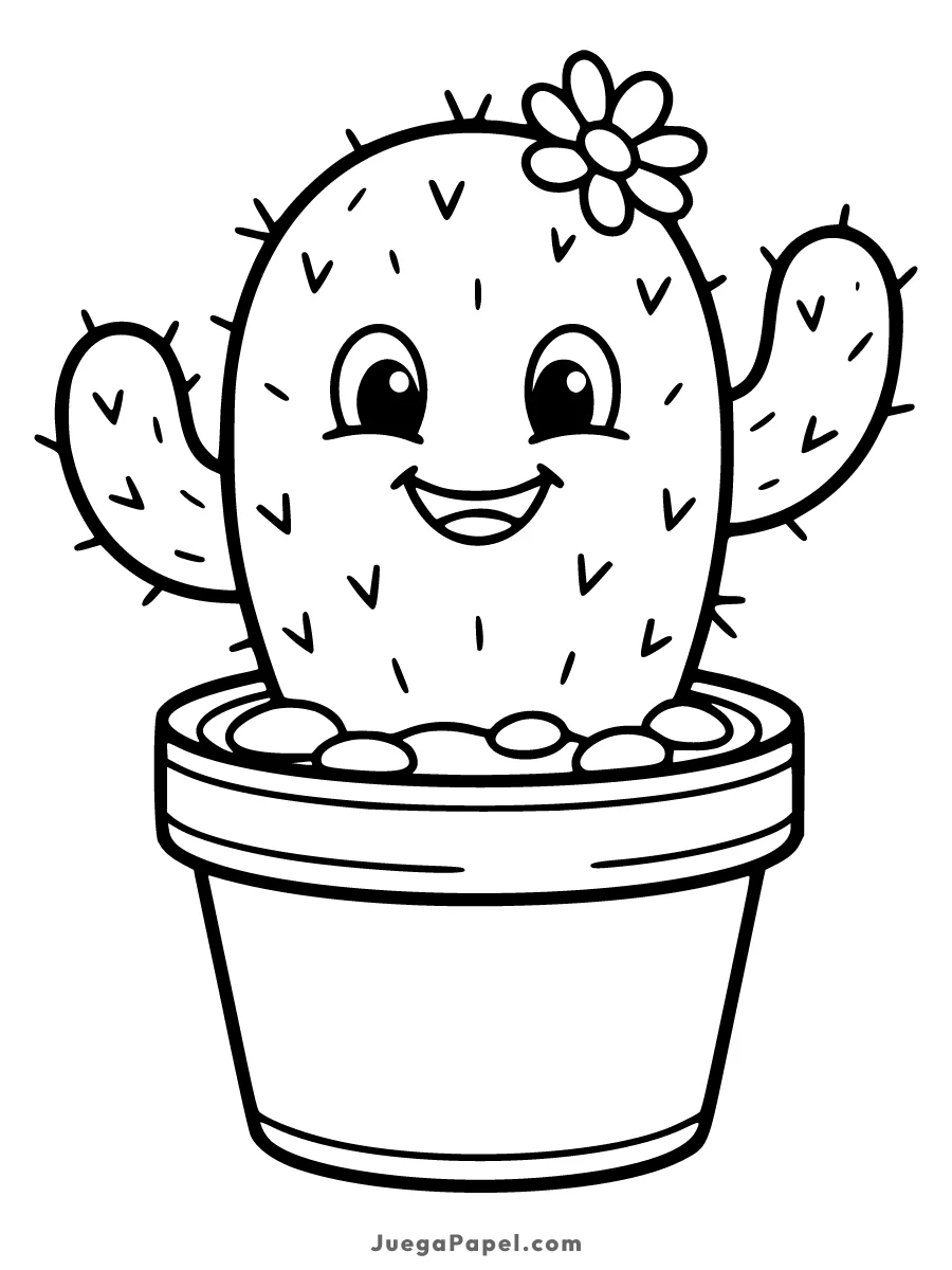 Dibujo para colorear e imprimir de Cactus Sonriente en Maceta con Flor