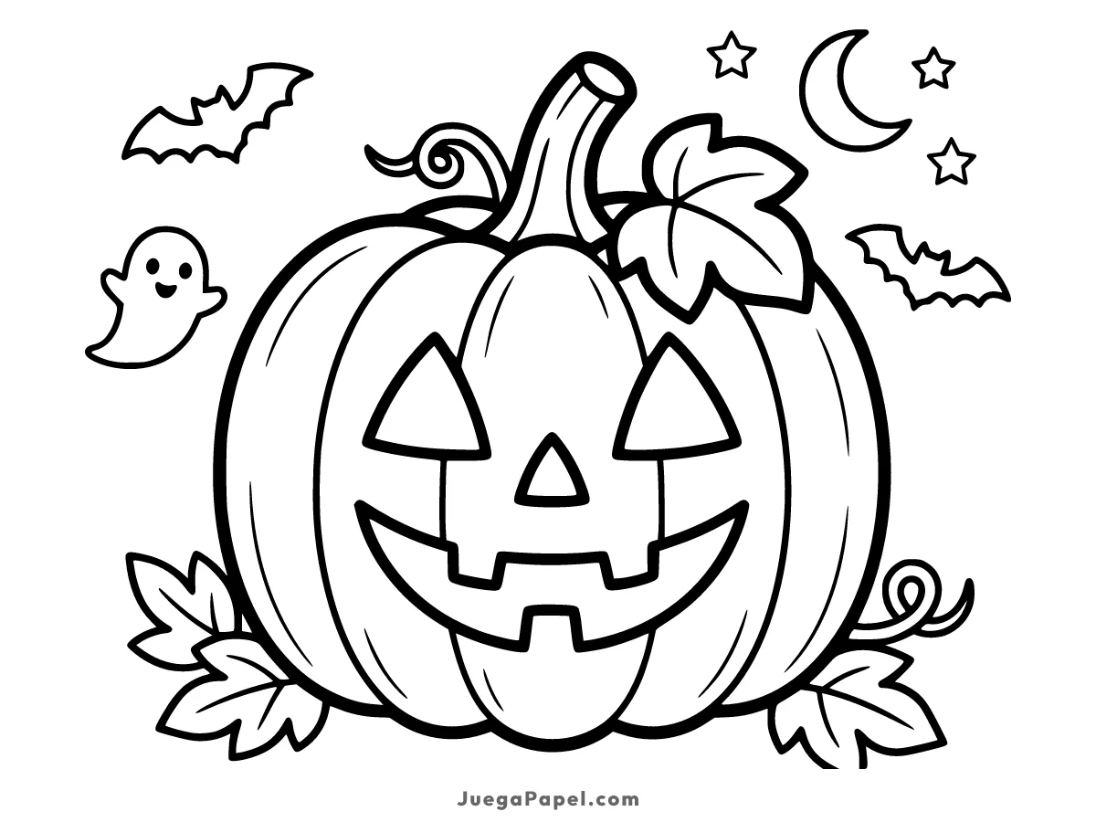 Dibujo para colorear e imprimir de Calabaza de Halloween con Fantasma y Murciélagos