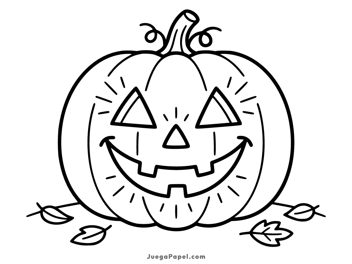 Dibujo para colorear e imprimir de Calabaza de Halloween Sonriente con Hojas