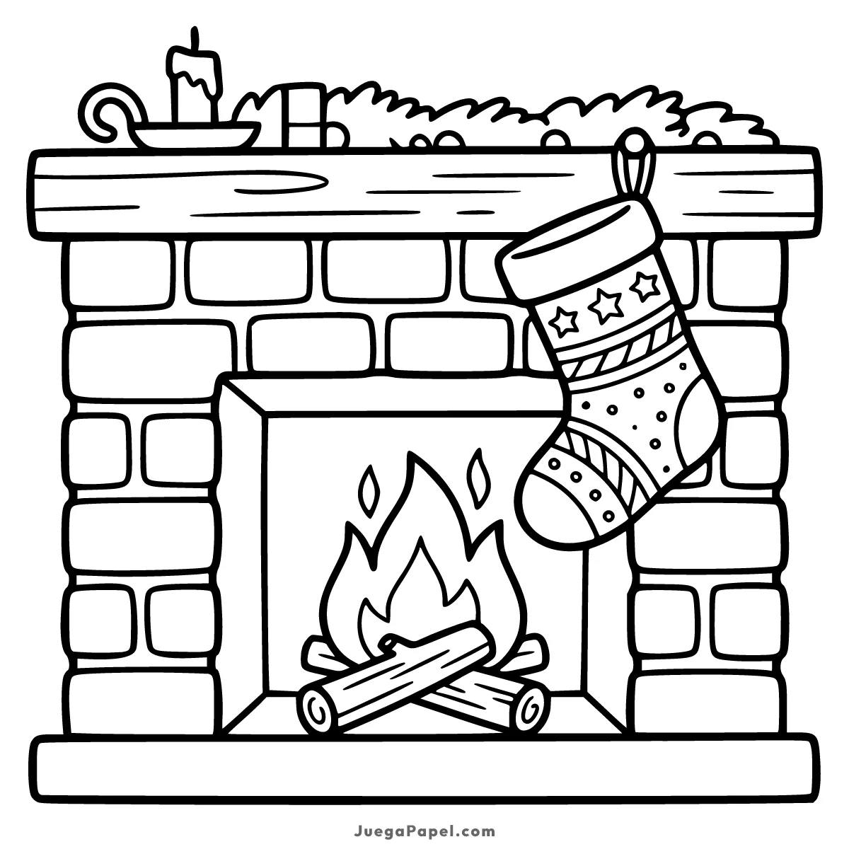 Dibujo para colorear e imprimir de Calcetín en la Chimenea