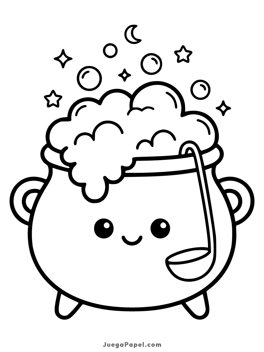 Dibujo para colorear e imprimir de Caldero Mágico Kawaii con Burbujas