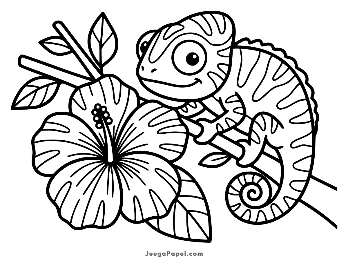 Dibujo para colorear e imprimir de Camaleón Amigable sobre una Flor Tropical
