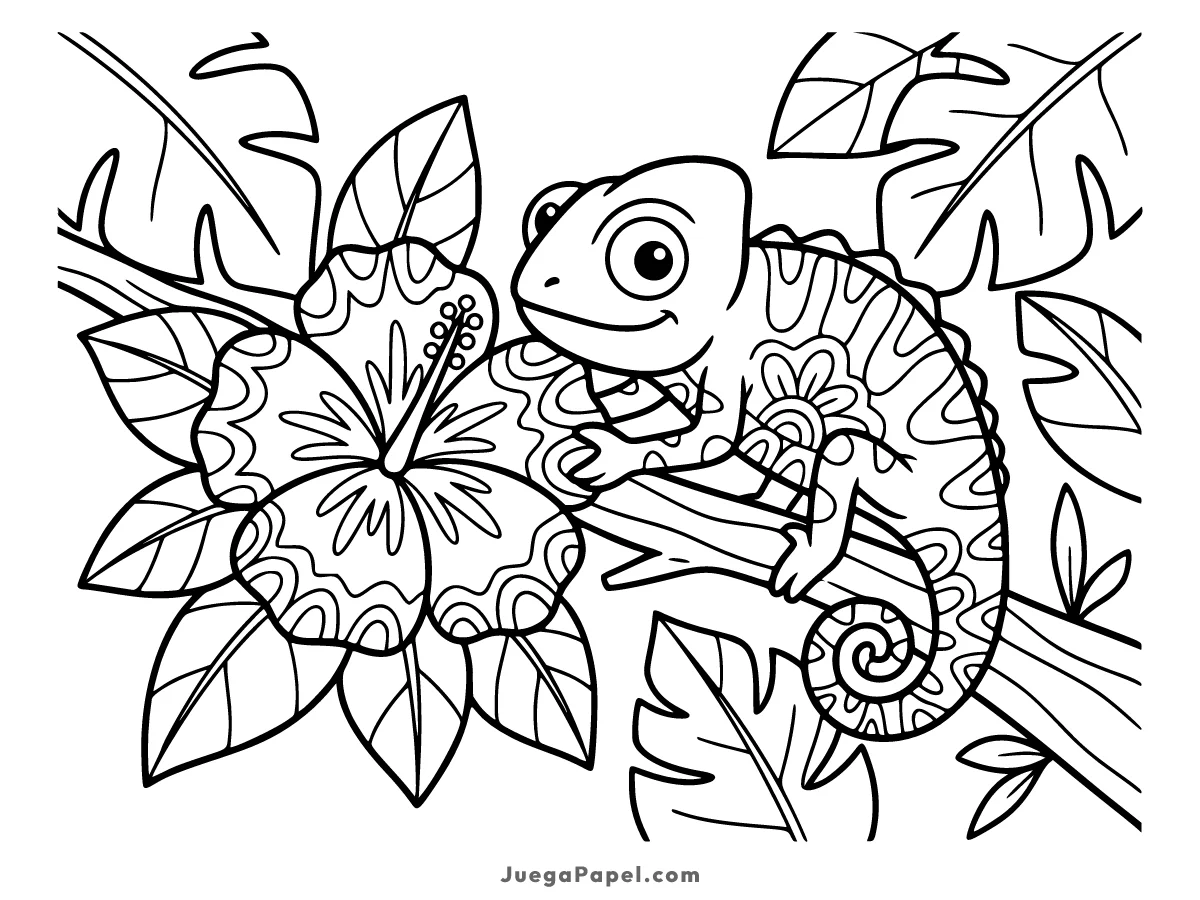 Dibujo para colorear e imprimir de Camaleón en rama con flor tropical