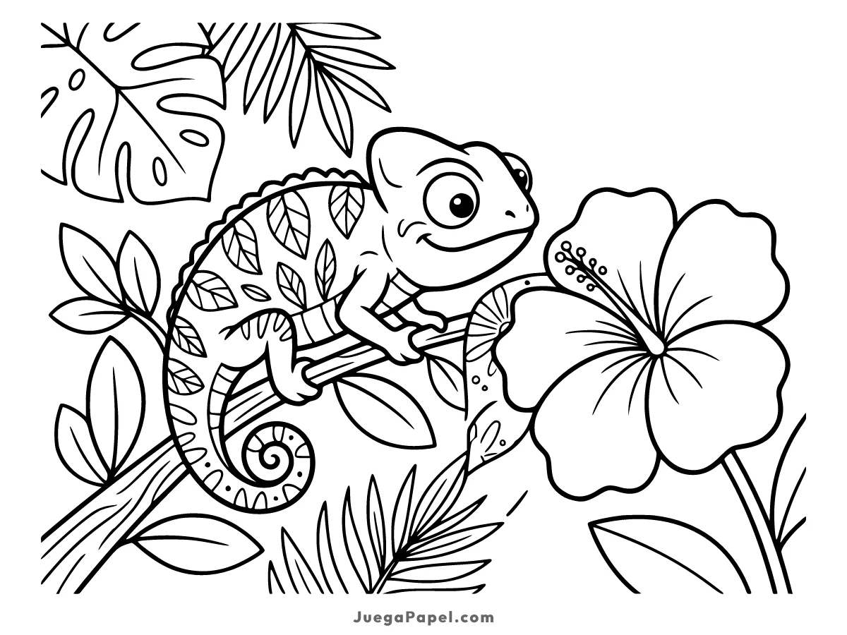 Dibujo para colorear e imprimir de Camaleón Feliz Entre Flores y Hojas Tropicales