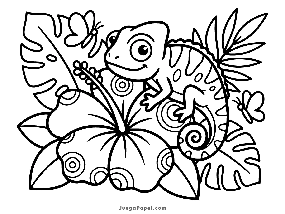 Dibujo para colorear e imprimir de Camaleón Tierno sobre una Flor Tropical