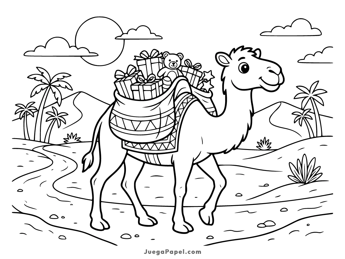Dibujo para colorear e imprimir de Camello de Los Reyes Magos en el Desierto
