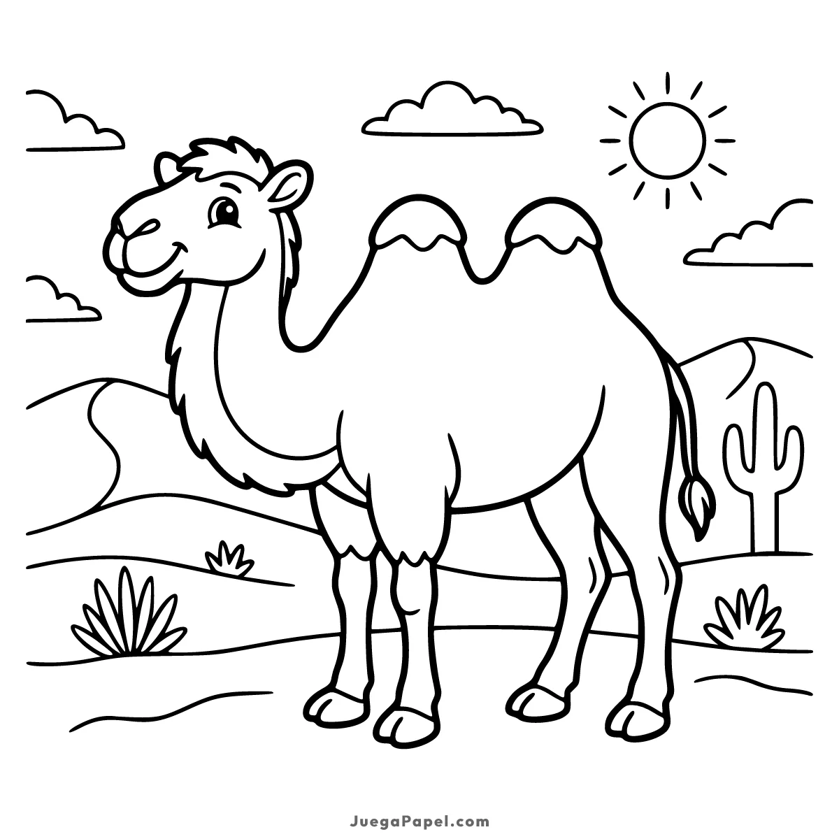 Dibujo para colorear e imprimir de Camello Sonriente en el Desierto