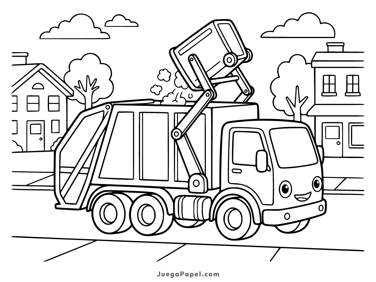 Dibujo para colorear e imprimir de Camión de Basura en la Ciudad