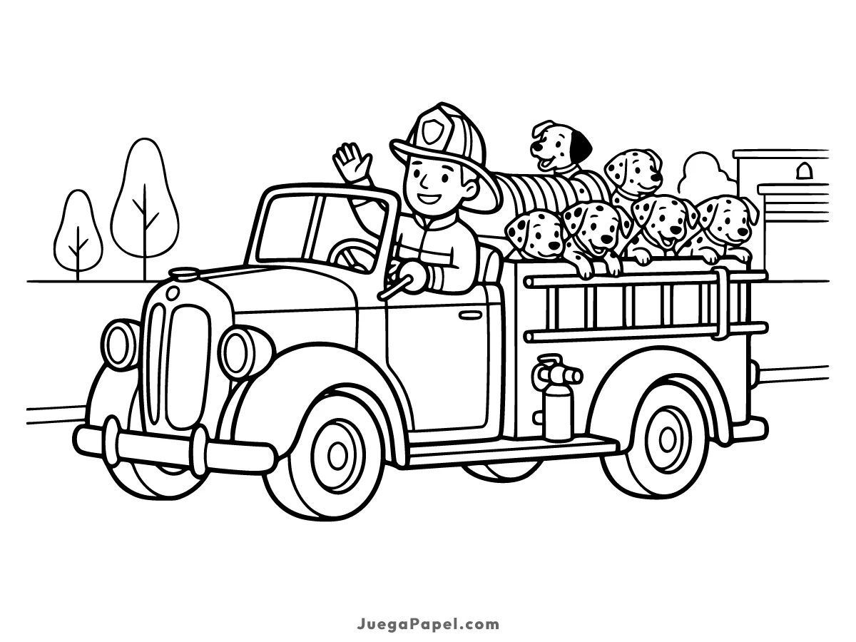 Dibujo para colorear e imprimir de Camión de Bomberos con Dálmatas