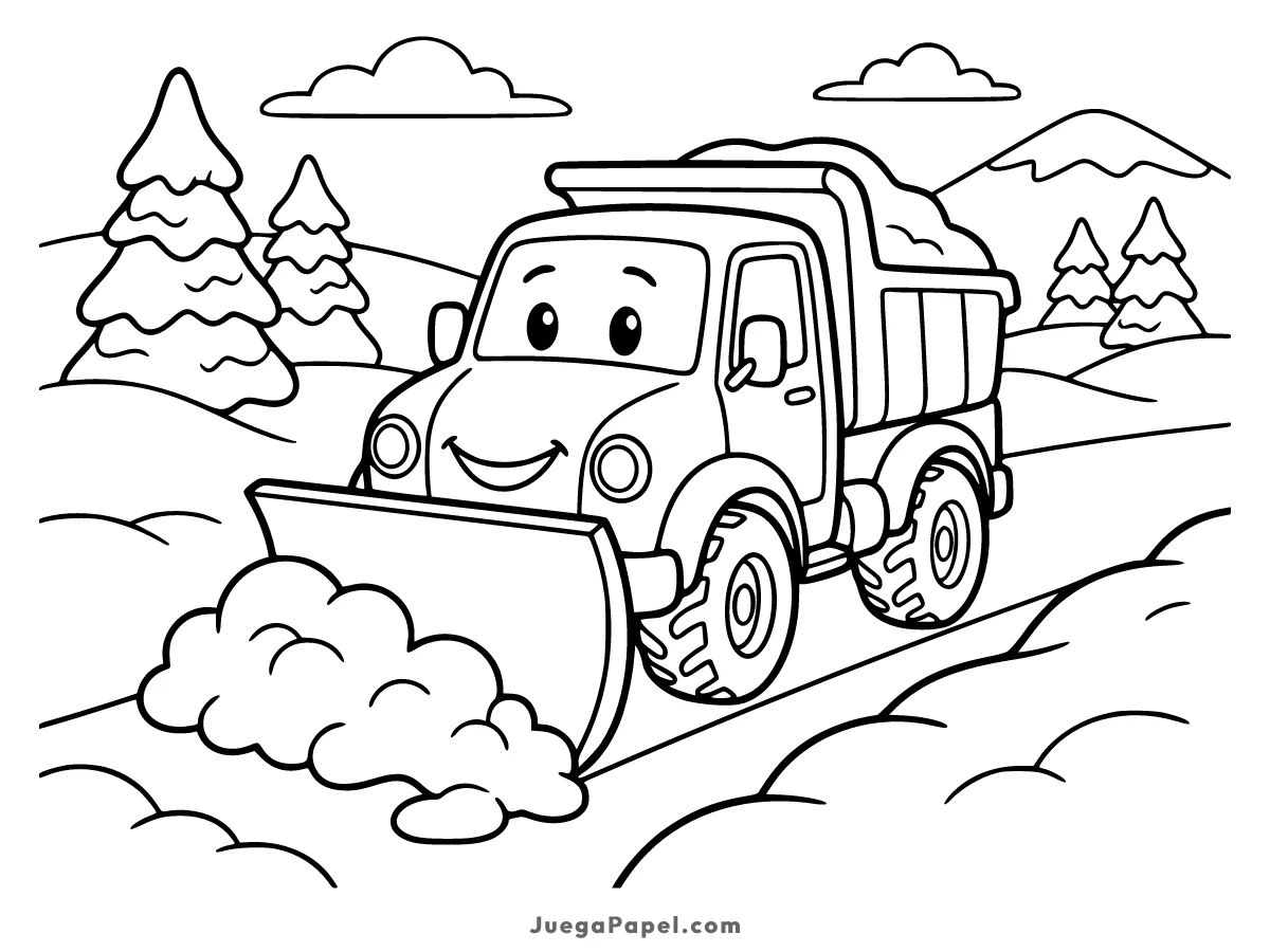 Dibujo para colorear e imprimir de Camión Quitanieves Sonriente en la Montaña