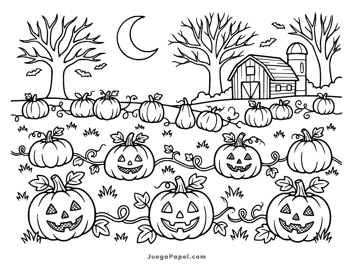 Dibujo para colorear e imprimir de Campo de Calabazas de Halloween